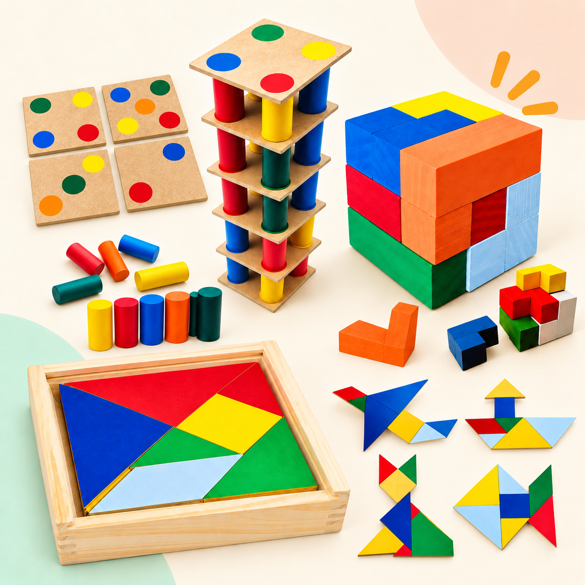 Kit Raciocínio & Construção — Tangram + Torre de Equilíbrio + Cubo 3D