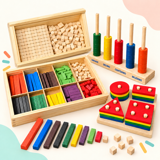 Kit Explorador Matemático — Cuisenaire + Material Dourado + Ábaco + Prancha