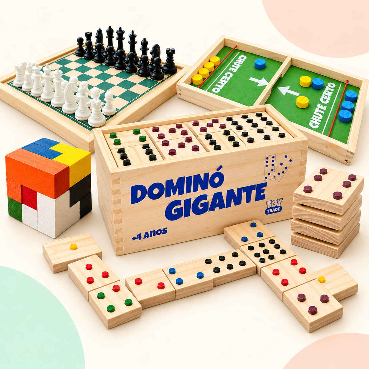 Kit Brincar em Família — Dominó + Xadrez + Chute Certo + Cubo 3D
