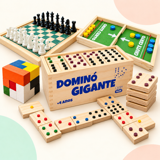 Kit Brincar em Família — Dominó + Xadrez + Chute Certo + Cubo 3D
