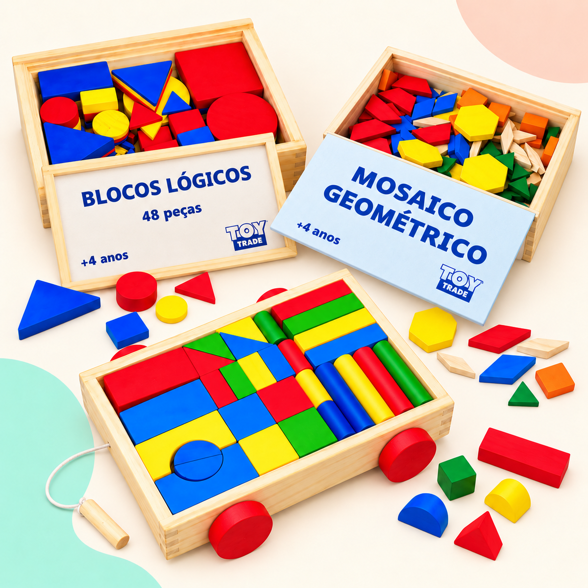 Kit Formas & Descobertas — Blocos Lógicos + Mosaico + Carrinho de Blocos