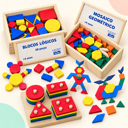 Kit Formas & Descobertas — Blocos Lógicos + Mosaico + Prancha